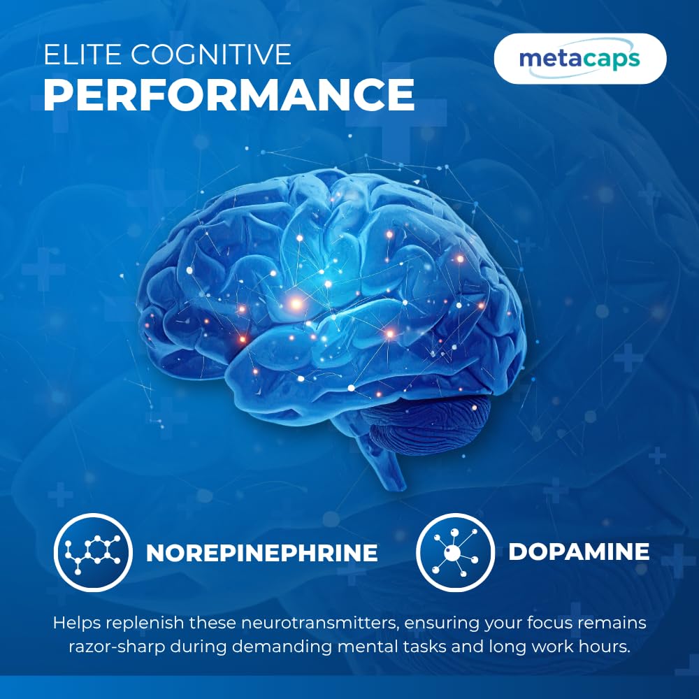 MetaCaps Pure L-Tyrosine 500mg – 90 Veg Capsules | High-Potency Amino Acid for Brain Support | Enhances Focus, Mental Clarity & Alertness | Stress Management & Mood Balance | Non-GMO & Vegan