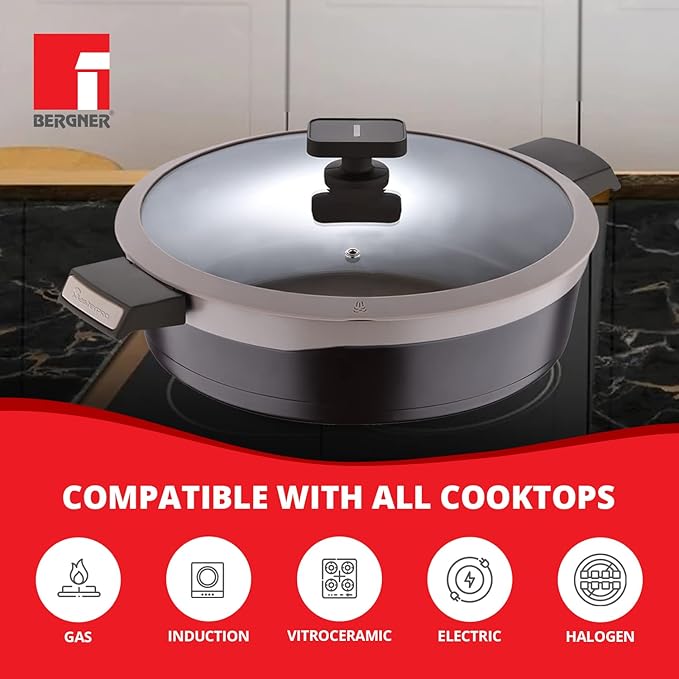 Bergner Gastro Non-stick Kadai With Glass Lid 30cm | Induction Base & Ergonomic Soft Touch Handles