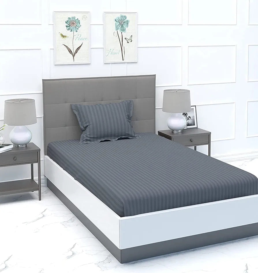 Purav Light Microfiber Flat Single Bed Bedsheet Plain Striped Cotton Bedsheet with 1 Pillow Cover for Queen Size Bed 340 TC Breathable Grey color