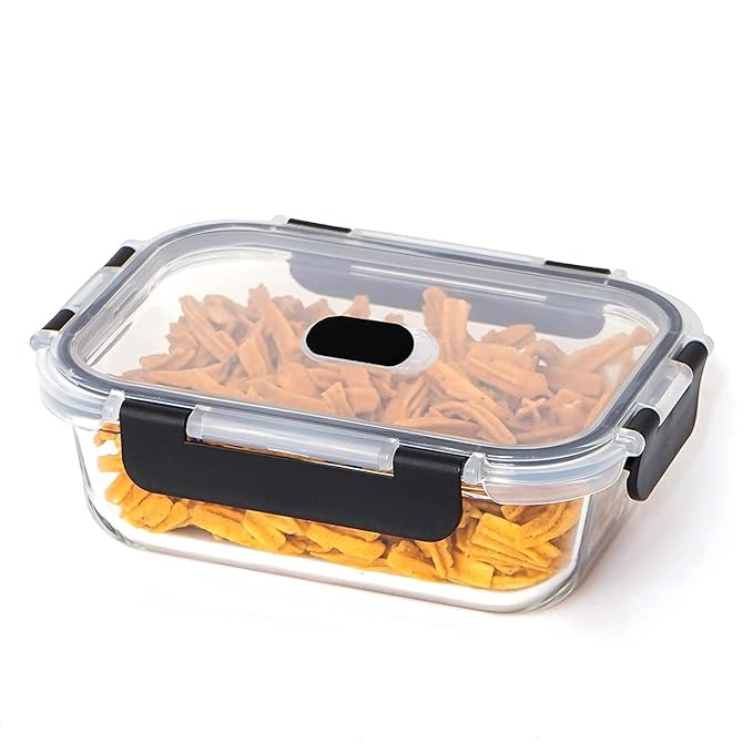 Femora Borosilicate Rectangle Glass Container With Dectahable & Break Free Lid | Black Color | 1000 Ml | Set of 3