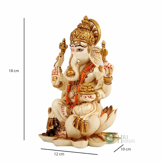 Indicast Resin 6.5" Inch Lord Ganesha Sitting on Lotus Fine Gold Painting Hindu God Ganesh Ganpati Idol Figurine