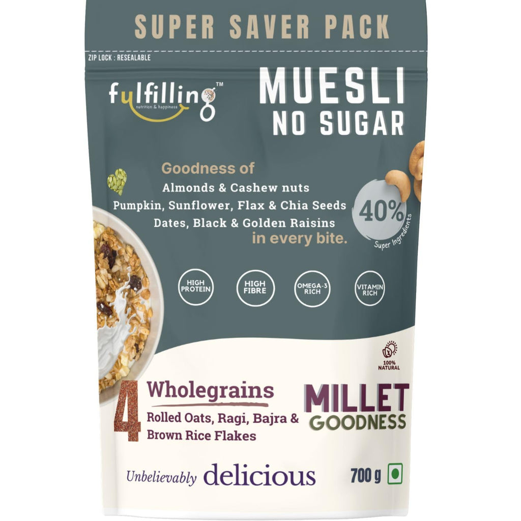 Fulfilling Muesli Sugar free - Pumpkin, Flax & Chia seeds, Dry fruit & Nuts - Rolled Oats + Millet flakes | No added Sugar snack | Gluten free Healthy Breakfast 700g