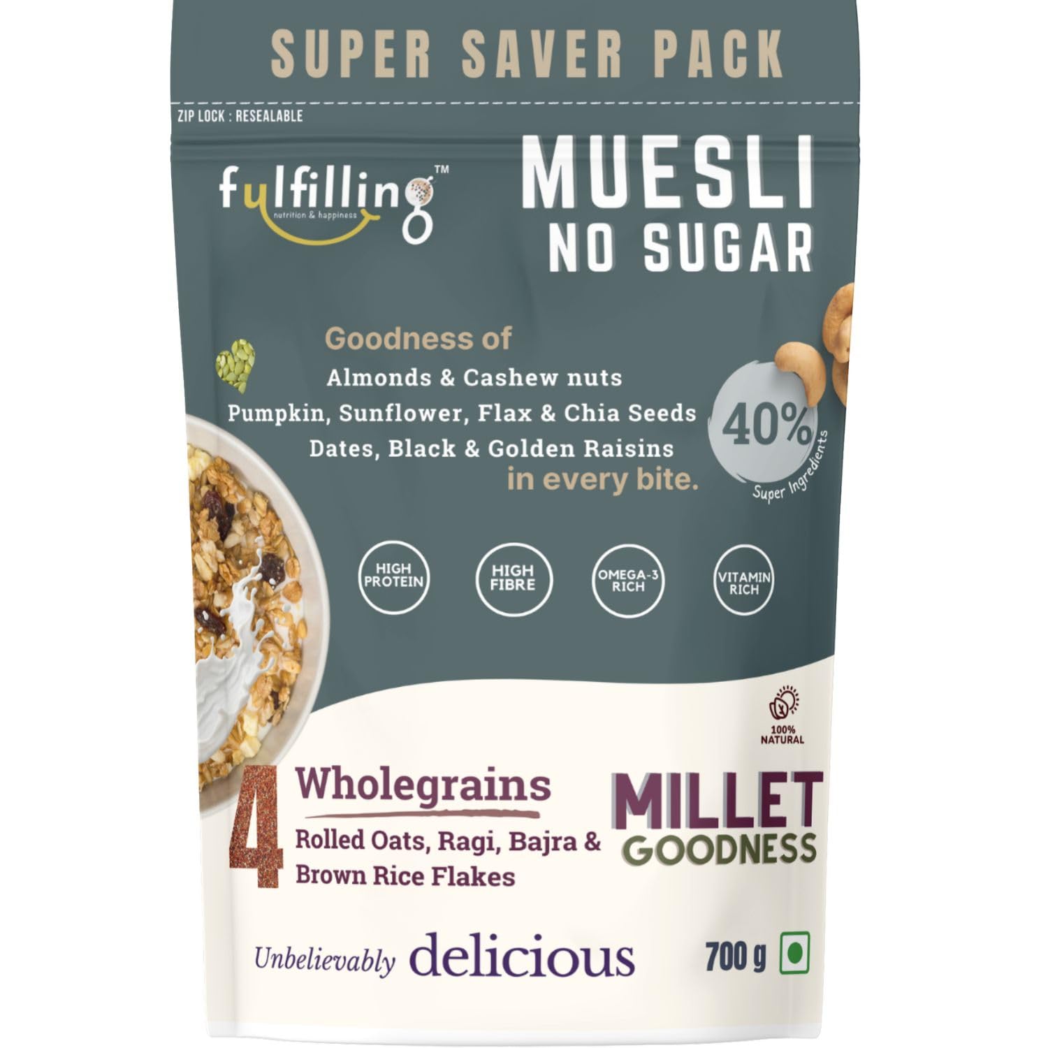 Fulfilling Muesli Sugar free - Pumpkin, Flax & Chia seeds, Dry fruit & Nuts - Rolled Oats + Millet flakes | No added Sugar snack | Gluten free Healthy Breakfast 700g