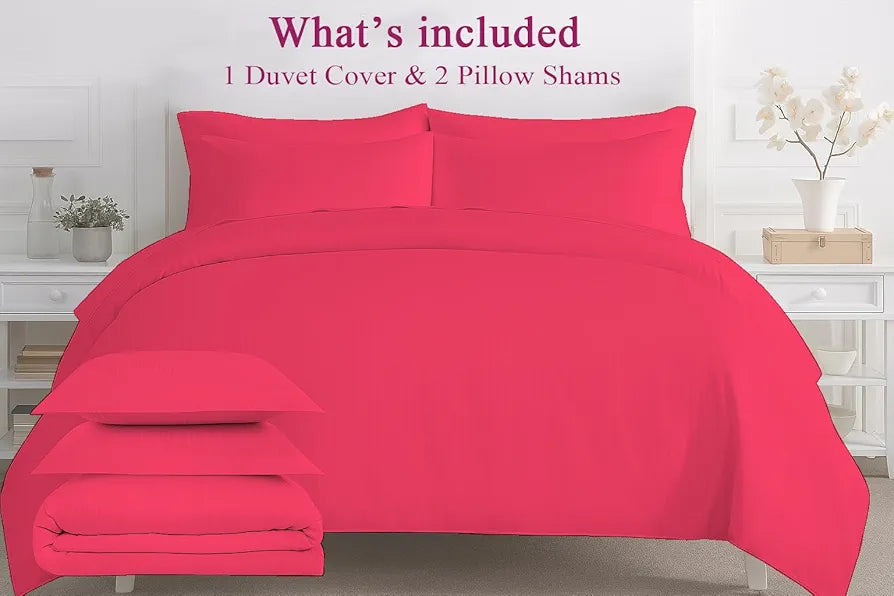 Trance Home Linen Zippered 100% Cotton 200TC Satin Stripe King Size Duvet Cover Quilt Cover Blanket Cover Razai Comforter Cover with 2 Pillow Covers Colour Dark Pink