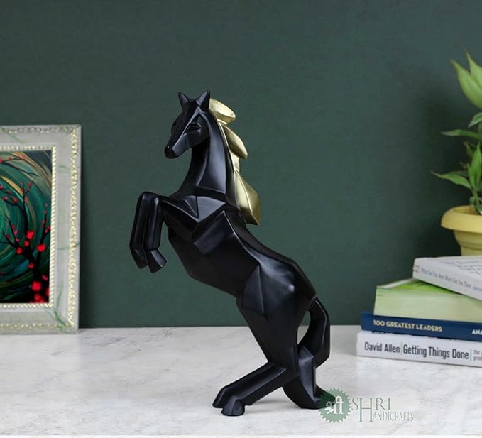 Indicast 11" Inch Abstract Black Charging Horse Sculpture Figurine Handicraft Home Desk Decor Geometric Resin Wildlife Statue | Black