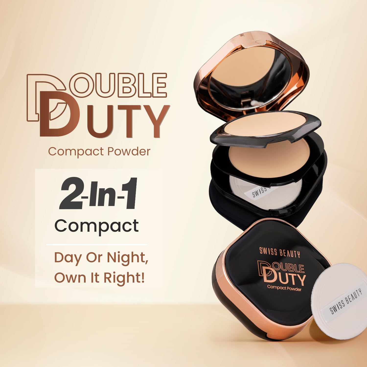 Swiss Beauty Double Duty Compact Powder | 2-in-1 Compact for Day to Night | Buildable Coverage | With Vitamin E & Hyaluronic Acid | 18g, Shade- 1- Natural Ivory/Fair Ivory