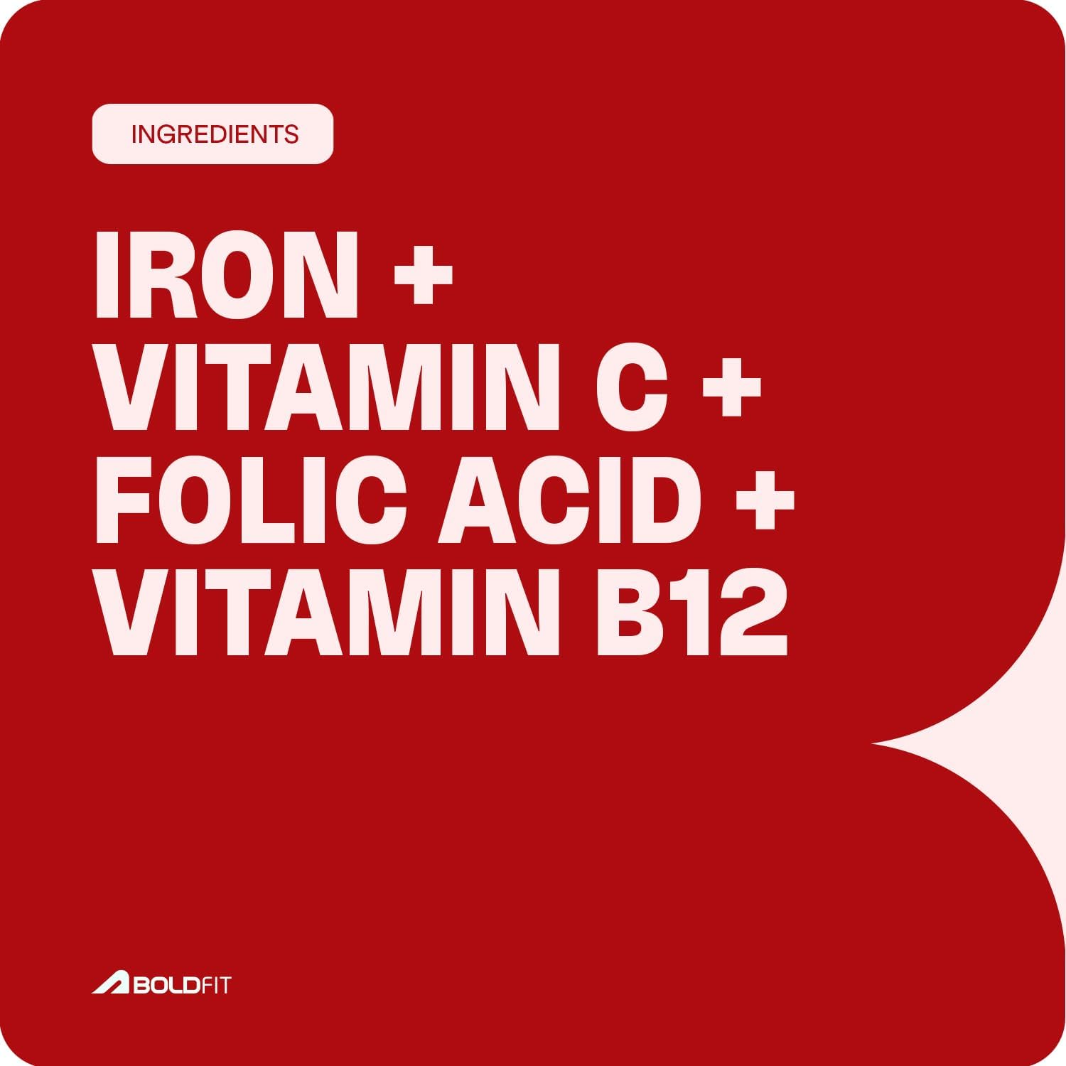 Boldfit Iron Supplement for Women & Men Iron Bisglycinate with Vitamin C Folic Acid & Vitamin B12 Gentle on Stomach,Non-Constipating Tablets - 60 Count