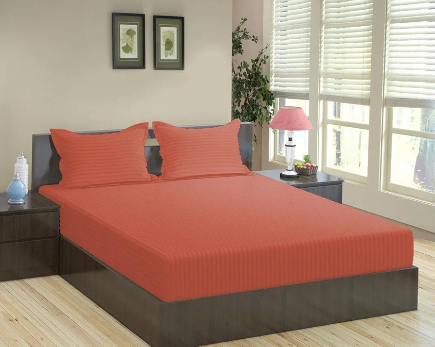 Trance Home Linen 100% Cotton 78x72 inch King Fitted 200TC Satin Stripe Elastic Fitted Bedsheet with 2 Pillow Covers Colour Copper Rust