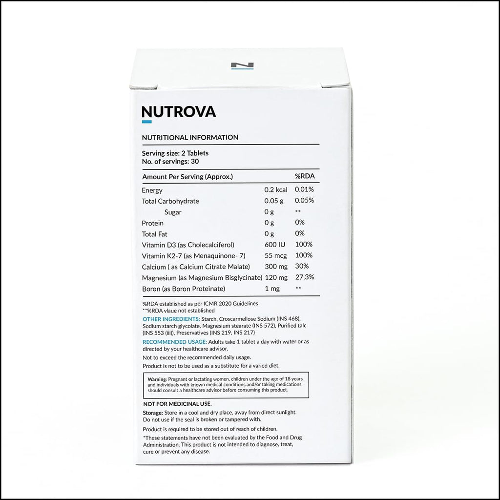 Nutrova Calcium+Magnesium | With Vitamin D3, K2-MK7 & Boron | Boosts Bone Strength, Joint & Muscle Health | High Absorption with Calcium Citrate Malate & Magnesium Bisglycinate | 60 Veg Tablets.