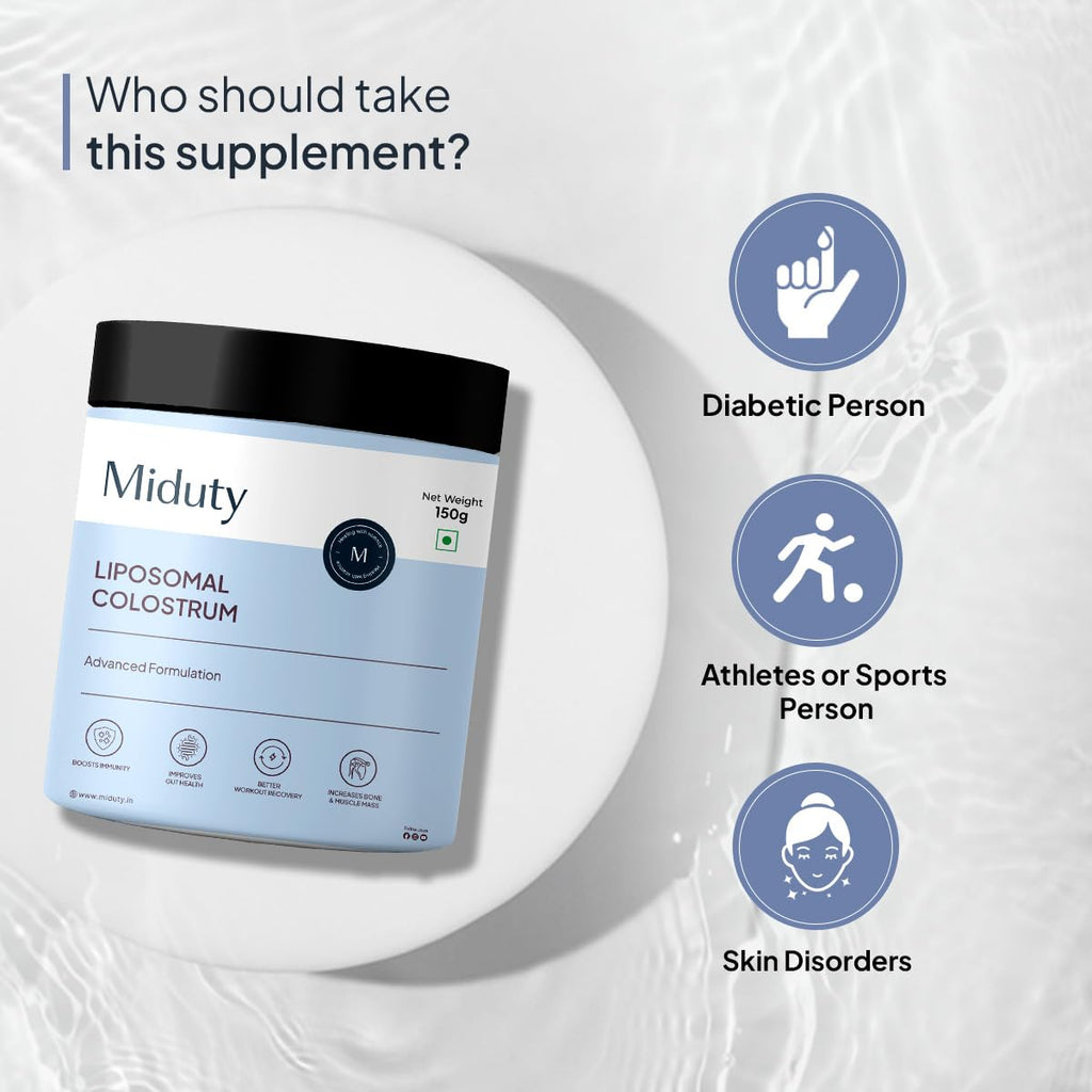 Miduty by Palak Notes Liposomal Colostrum - Increase bone and muscle mass - Probiotic Supplement for Gut Health - Muscle Growth - Boosts Immunity - Better Workout recovery - Colostrum Powder - 150 gm