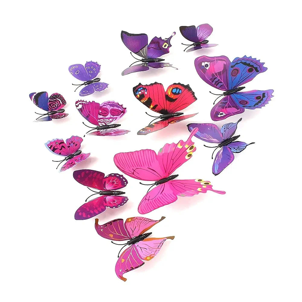 Xtore Plastic Reusable Wall 3D Butterfly Sticker with Sticking Pad Set of 12 Pieces Purple