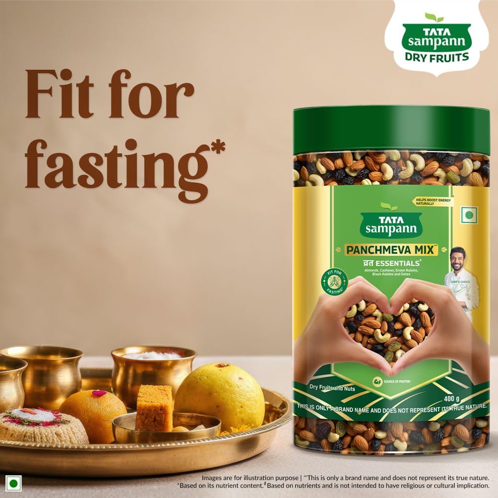 Tata Sampann Panchmeva Mix, Vrat Essentials, Blend of Almonds, Cashews, Green Raisins, Black Raisins, and Dates, Source of Protein, Fit For Fasting, 400g