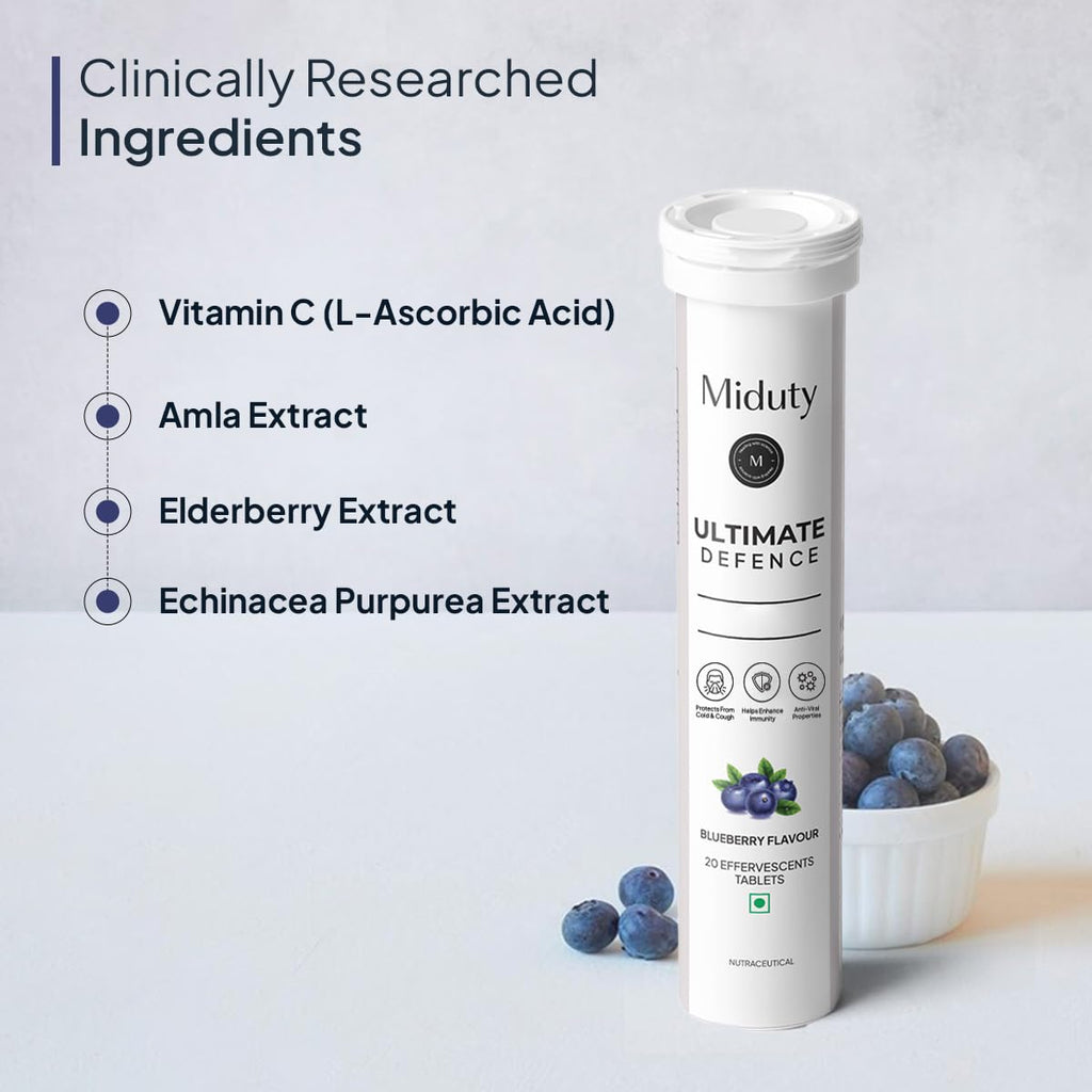 Miduty By Palak Notes Ultimate Defence - Amla Extract - Vitamin C - Wheatgrass - Immune Support Booster - Blueberry flavour - 20 effervescent tablets