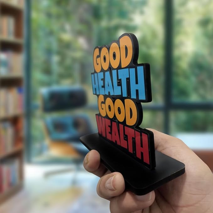 Artvibes Wooden Idols and Figurine Good Health Good Wealth Quotes Table Decoration for Office Desk | Home Decor Item