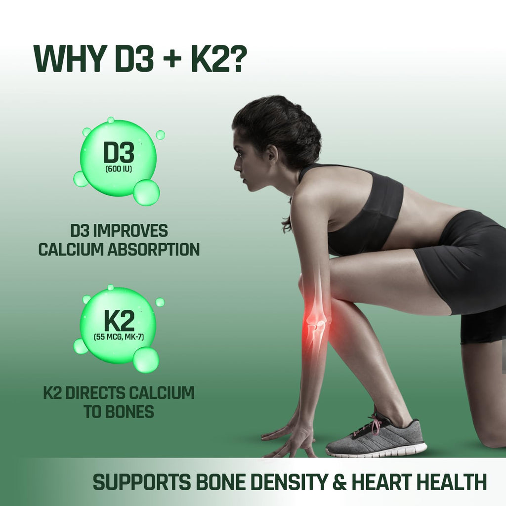 NATURALTEIN Vitamin D3 + K2 Supplement | 600 IU Plant-Based D3 & 55 mcg MK-7 K2 | 60 Unflavoured Tablets for Bone, Muscle & Calcium Support