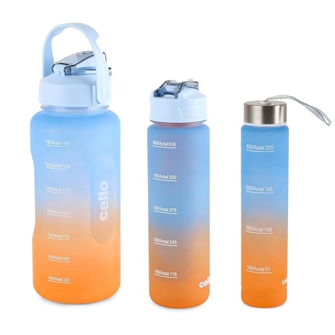 Cello All Day Water Bottle Set - Sky Blue & Orange 3 pcs