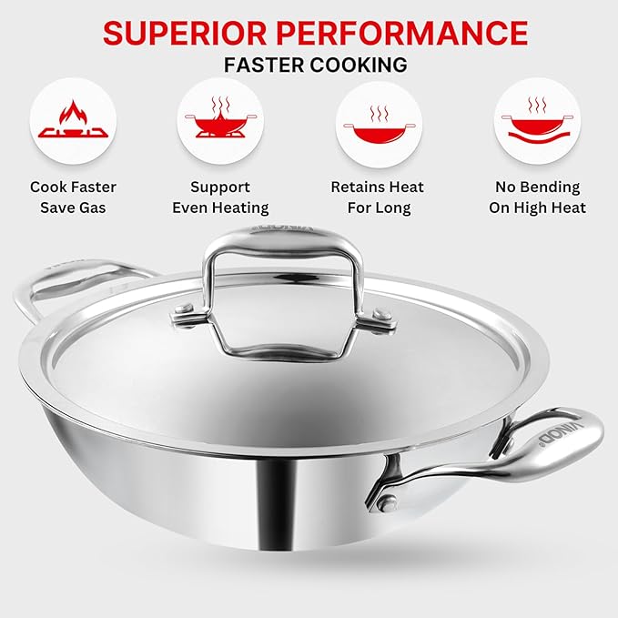 Vinod Platinum Triply Stainless Steel Cookware Kadai with Lid - 1.8 litre, 22 cm / 2.5 mm Thick