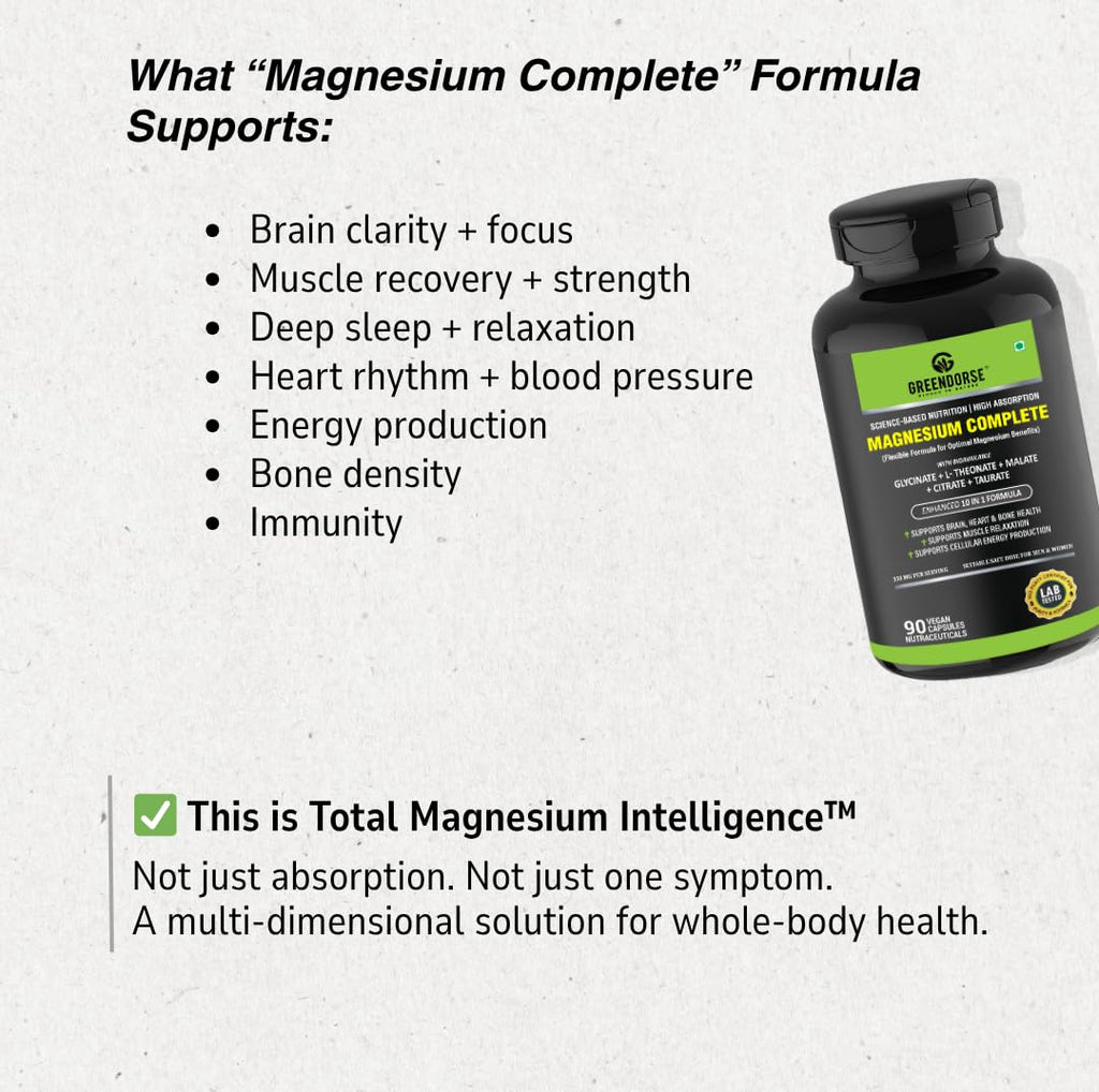 GREENDORSE Magnesium Complete - High Absorption Magnesium Complex with 5 Forms + Zinc, D3 & K2-7 | Bioavailable formula for Muscle Cramps, Stress Relief, Bone Health, and PMS | 90 Veg Capsules