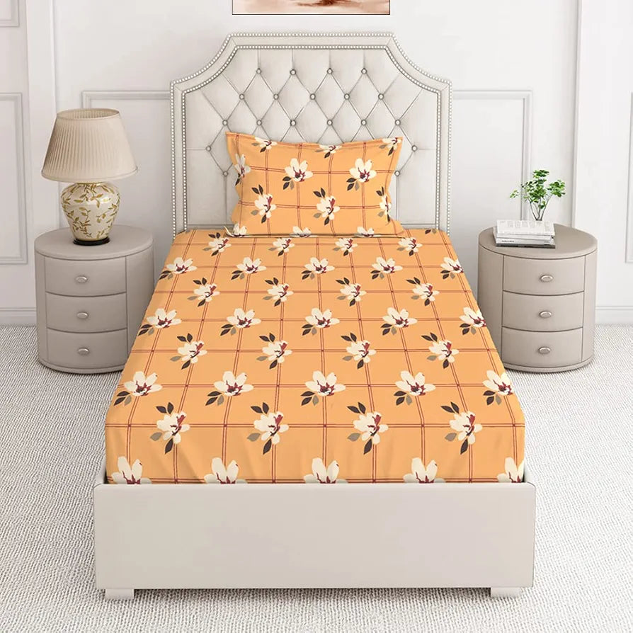 Layers Cotton Bedsheet for Single Bed with 1 Pillow Cover  Light Weight Breathable Moisture Absorbent Yellow, Floral Pattern