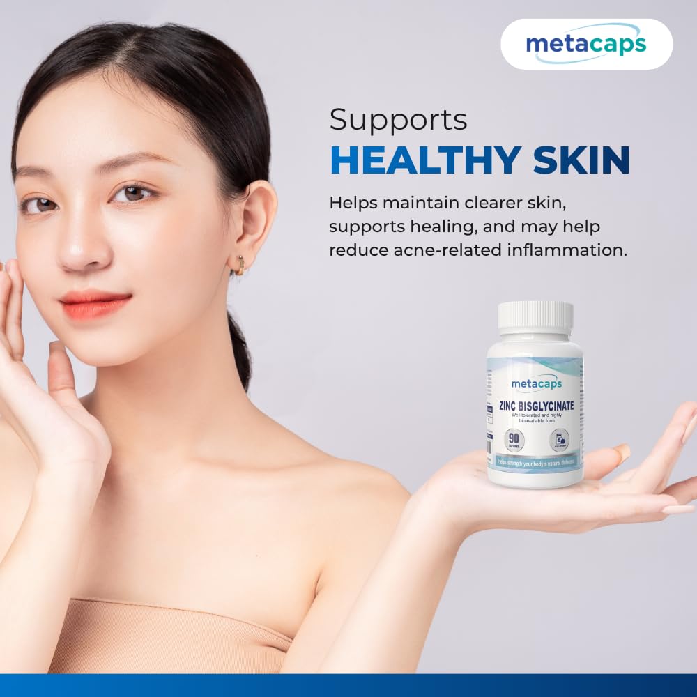MetaCaps Zinc Bisglycinate – 90 Veg Capsules | High Absorption Chelated Zinc for Maximum Bioavailability | Gentle on Stomach & Non-Nausea Formula | Supports Immune Defense, Skin Health & Hormonal Balance | Vegan & Non-GMO Supplement