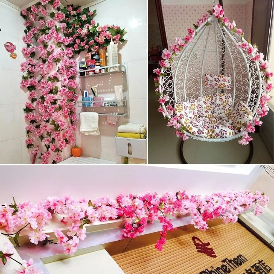 Artificial Cherry Blossom Rattan Flowers Vine Dark Pink