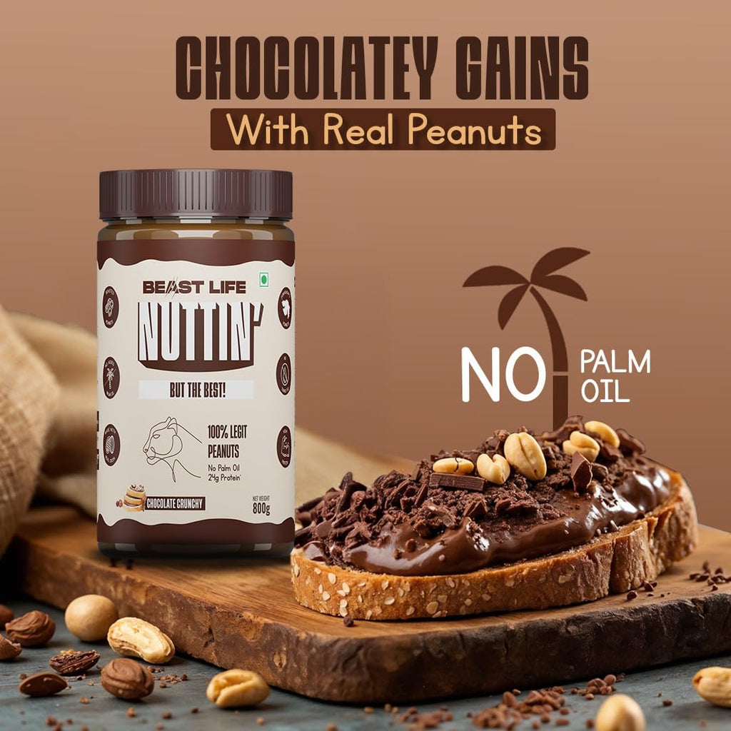 BeastLife Crunchy Chocolate Peanut Butter | 24.5 G Protein | 800 gm | 100% Peanuts, High Protein | Zero Palm Oil | Non‑GMO Nut Butter | Fitness-Friendly Spread | Zero Cholesterol