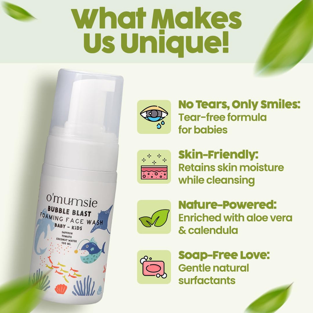 Omumsie's Bubble Blast Kids Foaming Face Wash | Gentle, Tear-Free Formula | Natural Ingredients for Sensitive Skin | Dermatologist Tested | 100ml