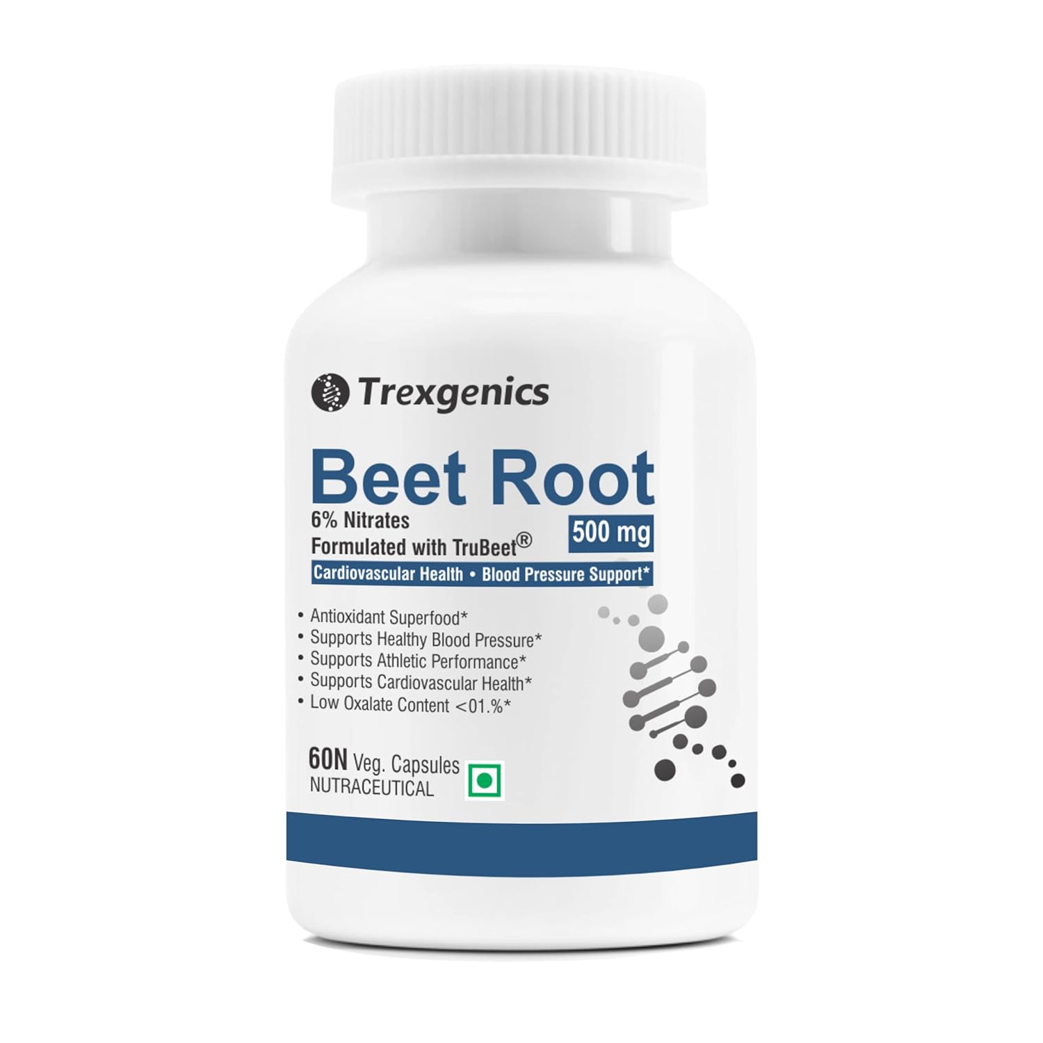 Trexgenics TRUE BEET 6% Nitrates 500 mg Exercise Endurance, VO2 Max, Cardiovascular, Antioxidant, Blood Pressure Support VEGAN & NON-GMO (60 Veg. Capsules)