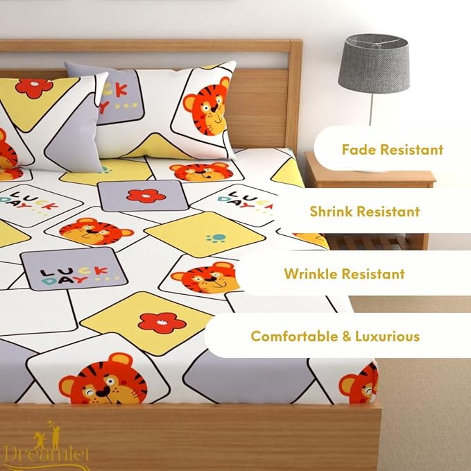 Dreamlet Prime Collections 180tc Pure Cotton Breathable Supersoft Wrinkelfree Double Flat Bedsheet With 2 King Size Pillow Covers | White & Yellow