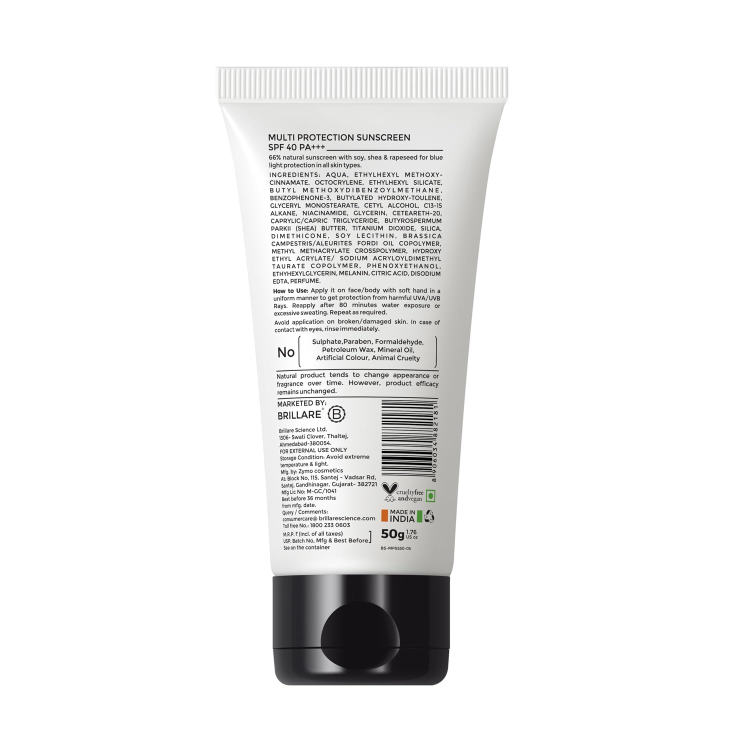 Brillare Multi-Protect Sunscreen SPF 40, PA+++, 100% Natural Sunscreen With Soy, Shea & Rapeseed, (50 GM)