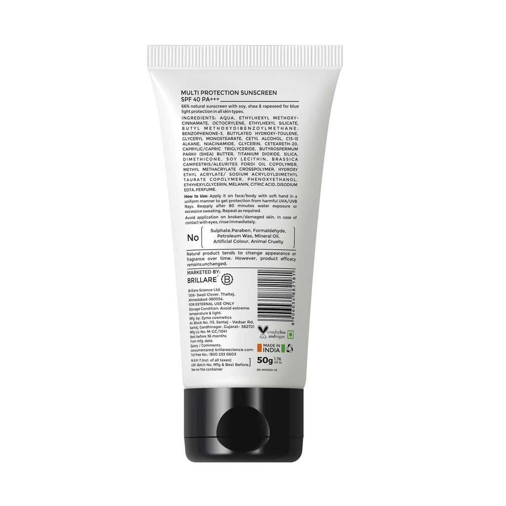 Brillare Multi-Protect Sunscreen SPF 40, PA+++, 100% Natural Sunscreen With Soy, Shea & Rapeseed, (50 GM)