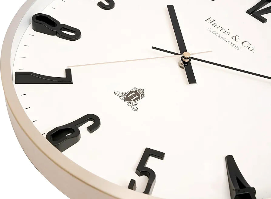 Harris & Co. Clockmasters Silent Sweep Noiseless Technology Analog Wall Clock With Black 3d Numbers Champagne Gold