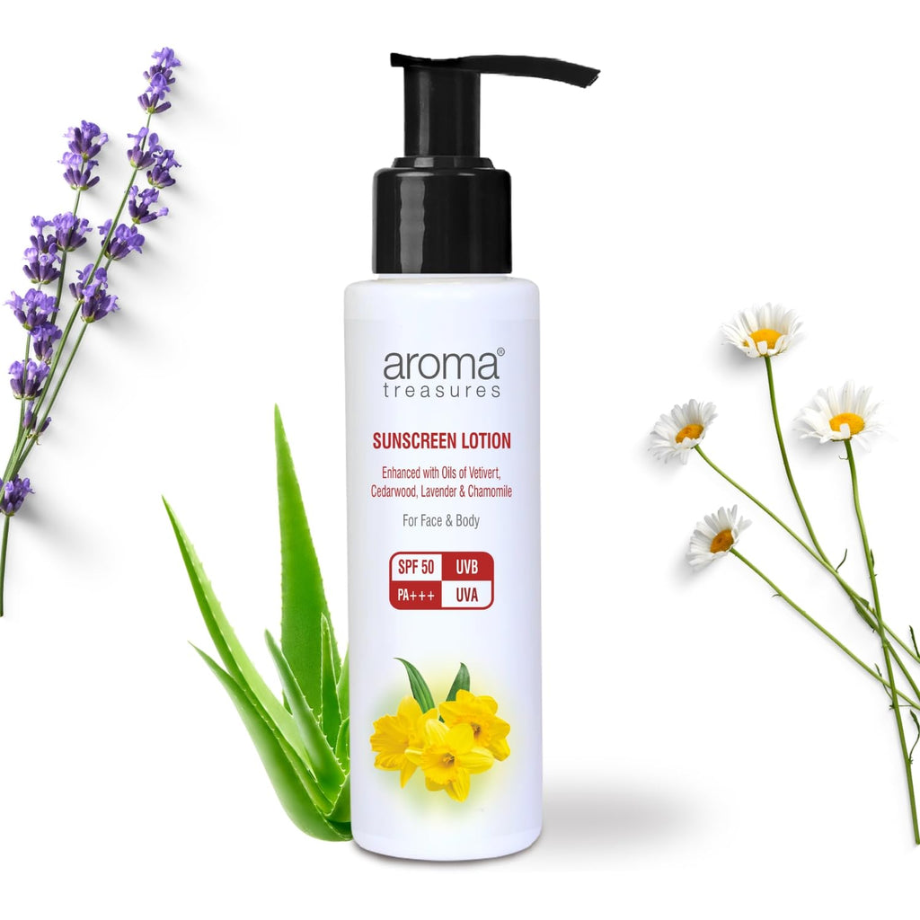 Aroma Treasures SPF 50 Sunscreen Lotion 100g | Broad Spectrum UVA/UVB Protection | Water Resistant | Non-Greasy, No White Cast | Face & Body | All Skin Types