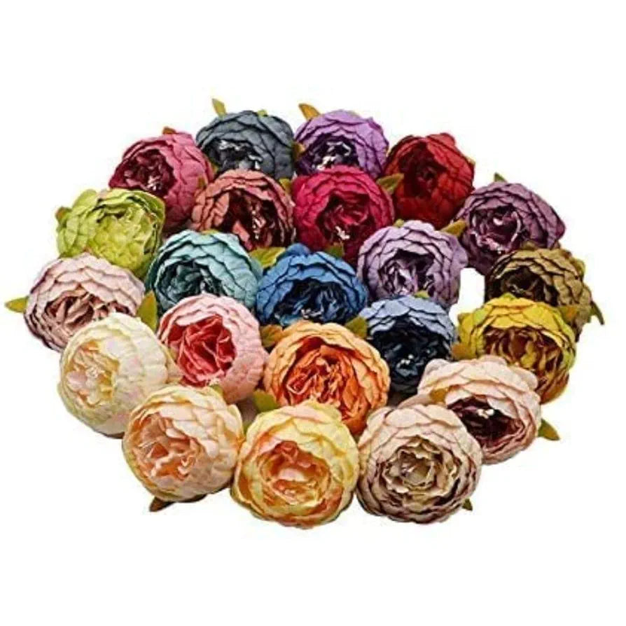 6 Pcs Artificial Fabric Rose Flower Heads Handmade Peony Style Flowers Dark Pink
