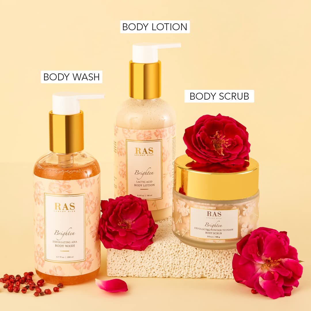 RAS Luxury Oils Brighten Exfoliating Powder to Foam Body Scrub | Tan Removing & Gentle Exfoliation | Orange, Himalayan Rose & Pink Pepper | For Men & Women | Vegan, Toxin & Cruelty Free | 100g