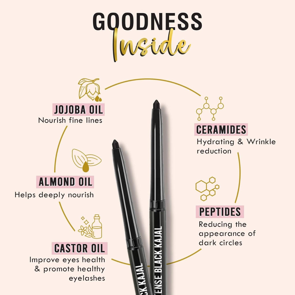 GLAMVEDA Pencil Smoky Intense Black Kajal - 0.35g | 24-Hour Long Stay One-Stroke Smooth Application Waterproof, Smudgeproof & Sweatproof| Rich Pigment | Suitable for Sensitive Eye 1 count (Pack of 1)
