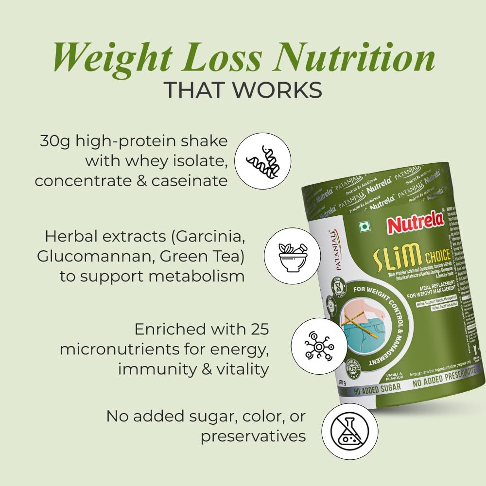 Nutrela Slim Choice Meal Replacement Protein Shake for Weight Loss- 500gm Vanilla Flavor | Weight Management supplement Powder | Goodness of Garcinia Cambogia, Rose Hips & Green Coffee Extract