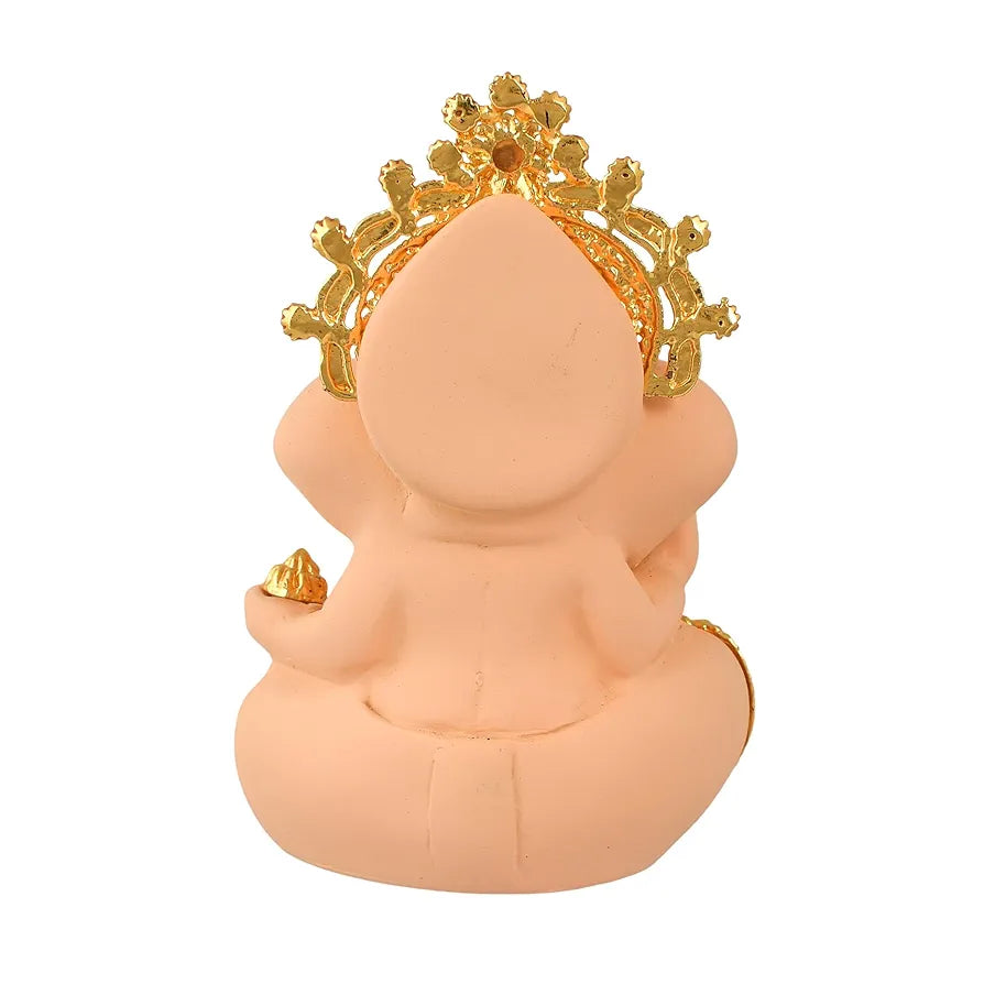 CraftVatika Ganesh Idol Murti Statue for Car Dashboard Ceramic Terracotta Gold Plated Ivory