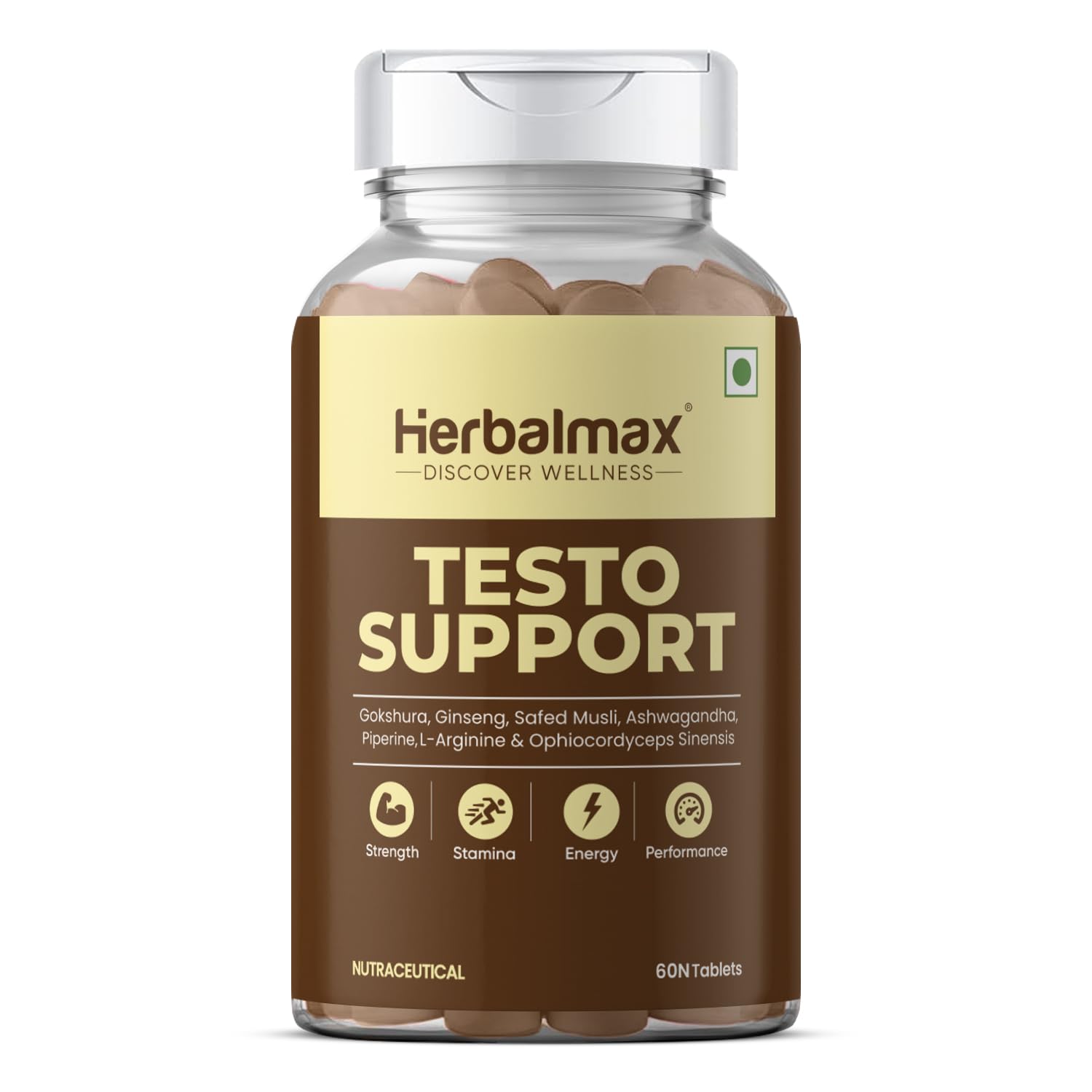 Herbalmax Testo Support Testosterone Supplement | With Gokshura, Safed Musli, L-Arginine & Ashwagandha | Natural Testosterone Booster for Strength, Stamina, Performance & Energy â€“ 60 Tablets