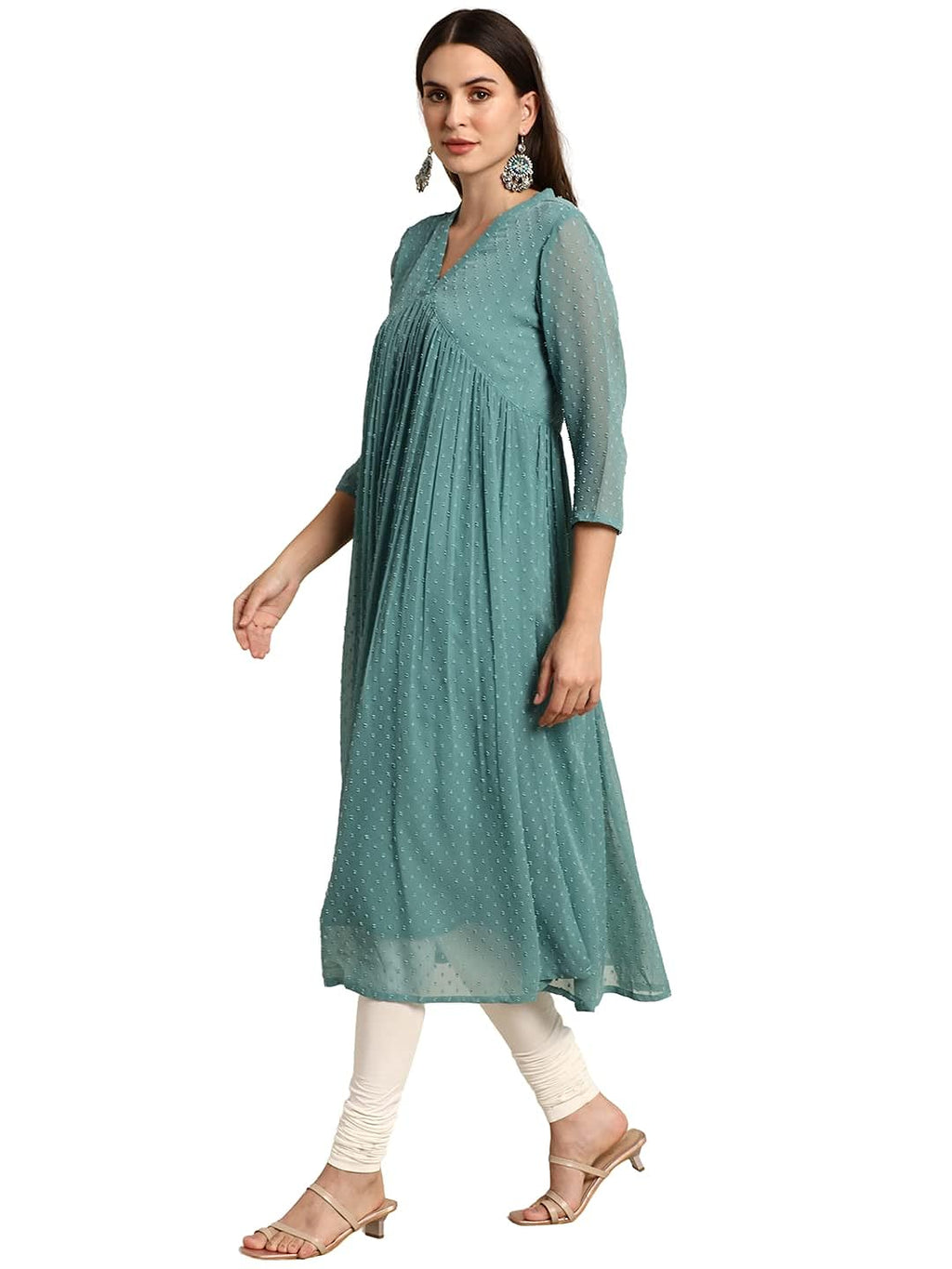 Janasya Women's Green Poly Chiffon Self Design Flared Western Dress