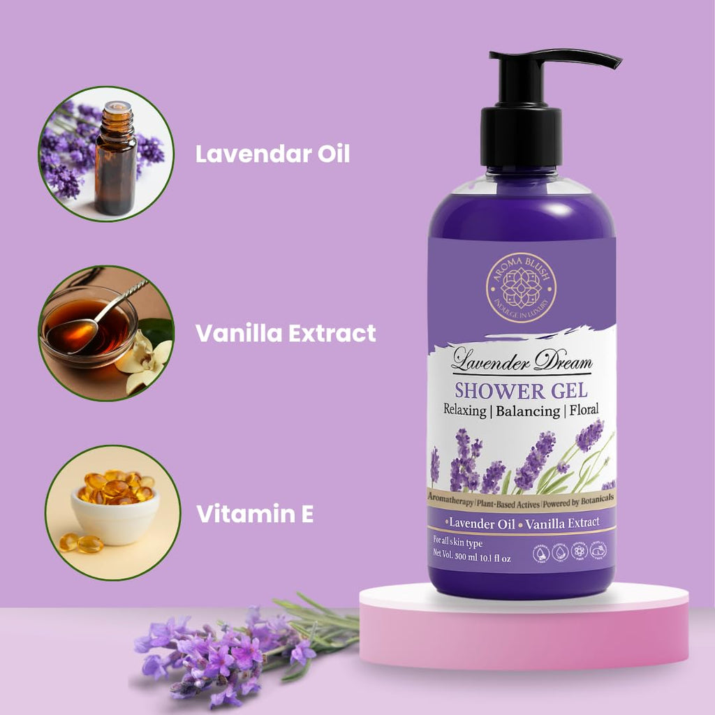 Aromablush - Lavender Dream Shower Gel | Calming Lavender, Vanilla & Vitamin E | Deep Hydration | Relaxing Scent, Sulfate-Free, Paraben-Free | Soothing Aromatherapy for Sensitive Skin | 300ml