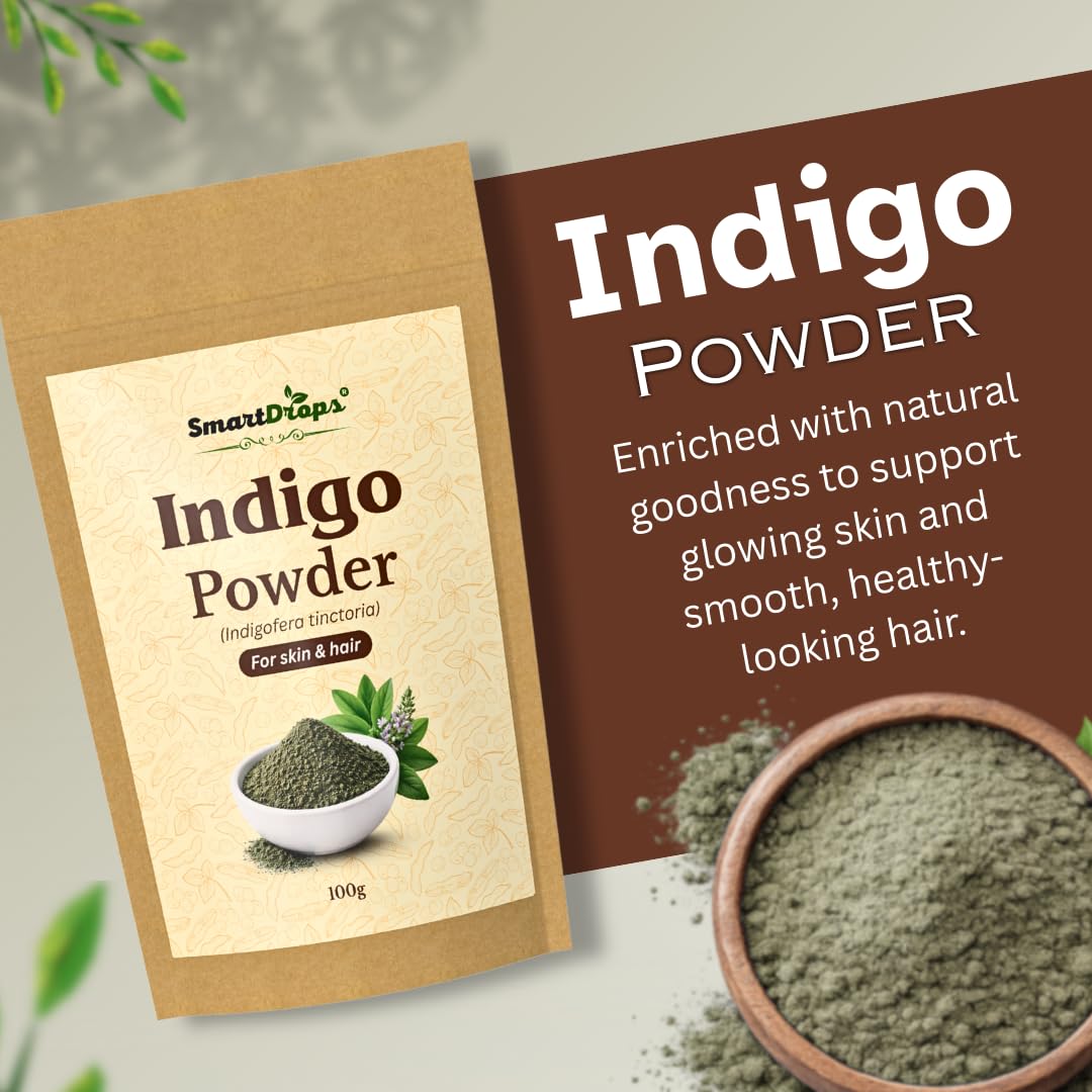 Smartdrops Indigo Powder for Hair and Skin Care | Enhances Natural Hair Color | Strengthens Hair Roots | Revitalizes Skin Tone and Brightness | Prevents Skin Dryness and Dullness | 100g (Pack-1)
