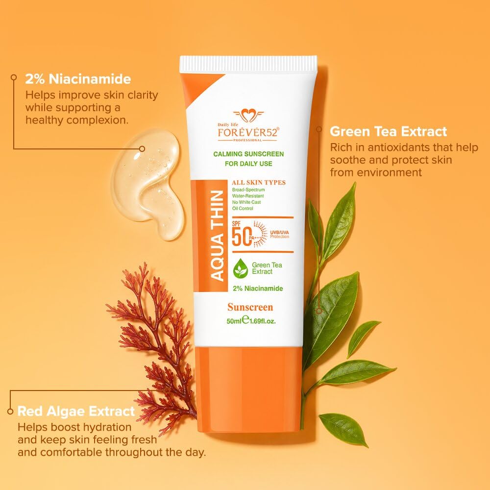 Daily Life Forever52 Aqua Thin Calming Sunscreen SPF 50 PA++++ | 2% Niacinamide & Green Tea Extract | UVA/UVB Protection | Lightweight, No White Cast, Water-Resistant Daily Sunscreen (20ml)