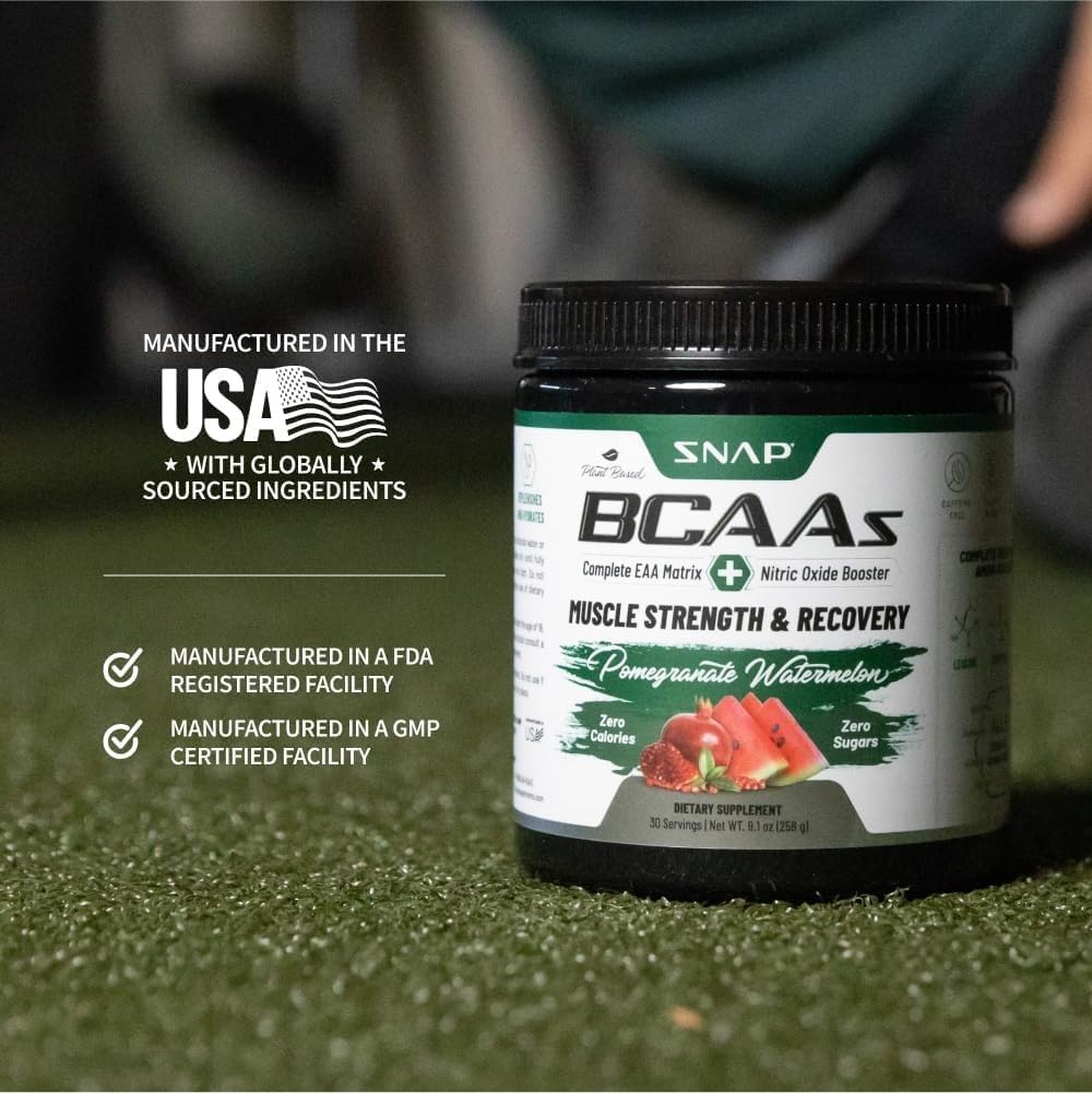 Snap Supplements BCAA Powder - 5g Vegan Branched Chain Amino Acids (2:1:1 Leucine Isoleucine Valine) + Essential Amino Acids with Nitric Oxide Booster, 30 Servings, Pomegranate Watermelon
