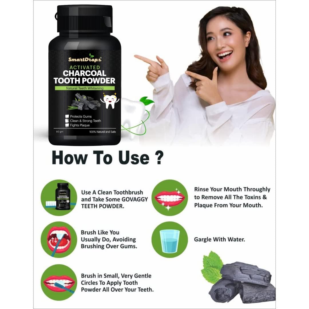 Smartdrops Activated Charcoal Teeth Whitening Powder Suitable For All types Teeth - 80 gm