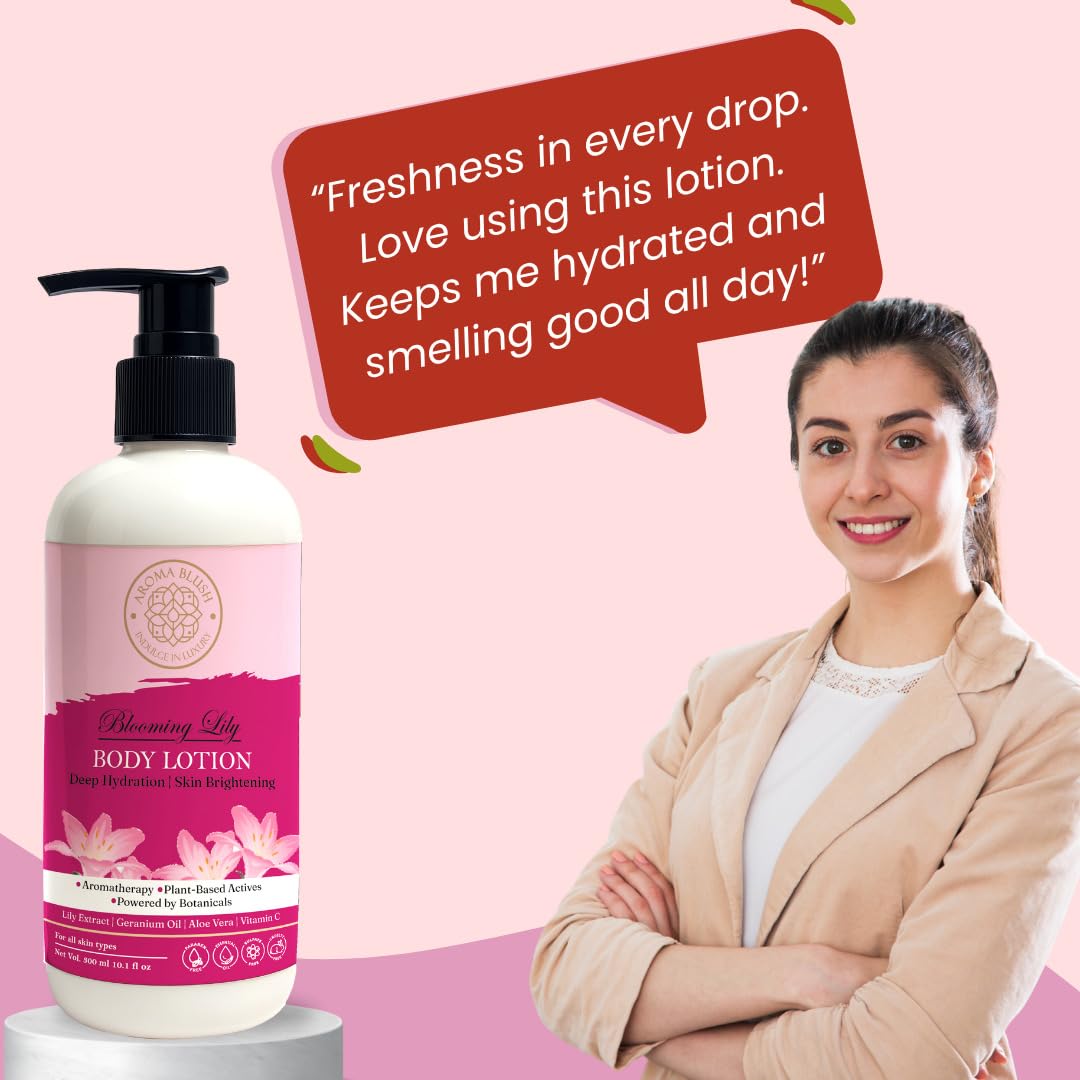 Aromablush - Blooming Lily Body Lotion | Geranium Oil, Vitamin E | Intense Hydration & Floral Freshness | Soothes & Balances | Non-Greasy | For All Skin Types | 300ml