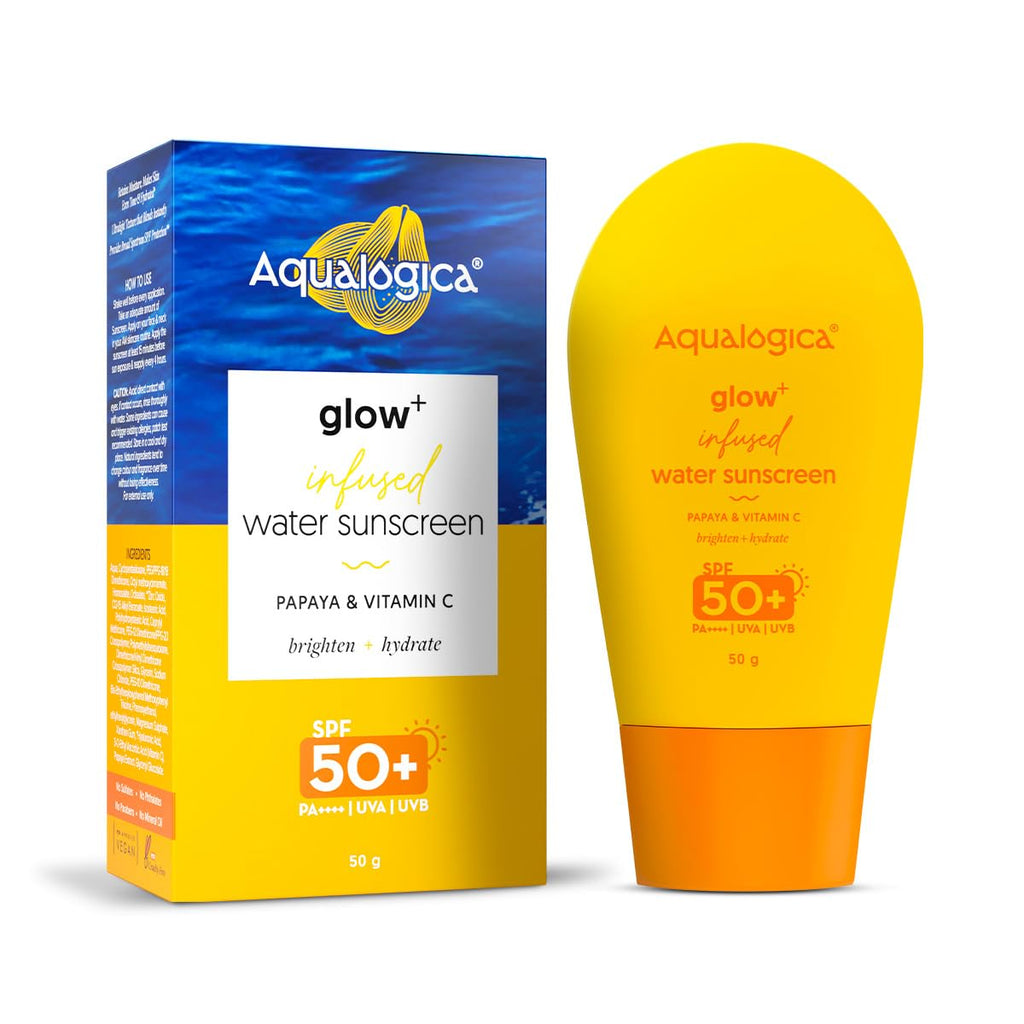 Aqualogica Glow+ Infused Water Sunscreen For All Skin Types Spf 50+ Pa++++ With Papaya&Vitamin C|Gives Glowing&Hydrated Skin|Lightweight,Hydrating & No White Cast - 50G,Pack Of 1