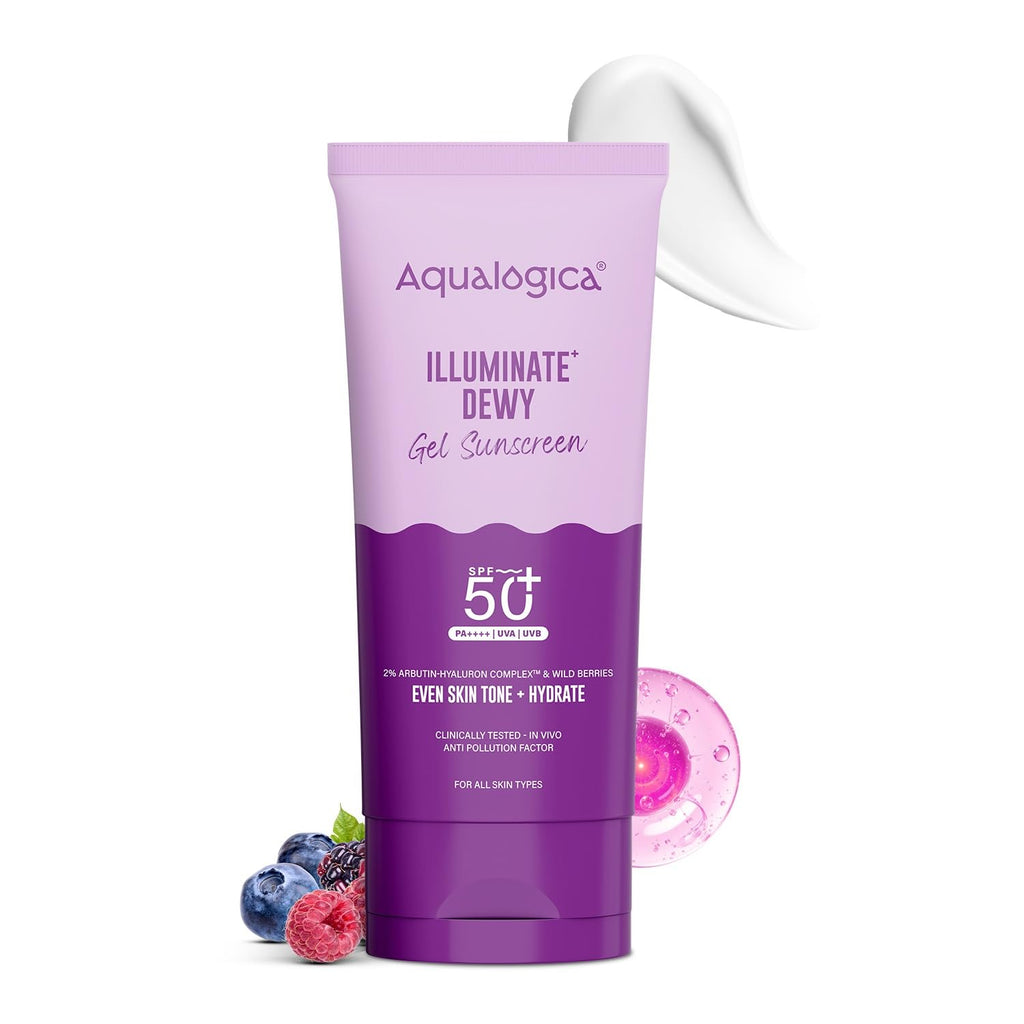 Aqualogica Illuminate+ Dewy Gel Sunscreen SPF 50+ PA++++, 80g | 2% Arbutin-Hyaluron Complex & Wild Berries | Broad Spectrum UVA/UVB & Blue Light Protection | Fragrance-Free | No White Cast | Lightweight | For Men & Women