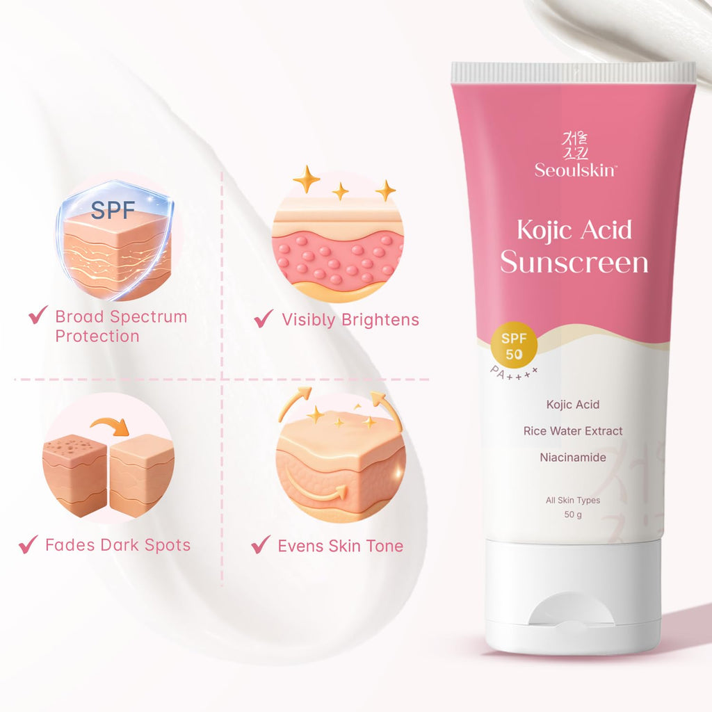 Seoulskin Kojic Acid Sunscreen SPF 50 PA ++++ | Helps Fade Dark Spots & Pigmentation | Non â€“ Sticky & Non- Greasy | No White Cast | Broad Spectrum UVA & UVB Protection | All Skin Types | For Men & Women | Lightweight Korean Sunscreen | 50 g