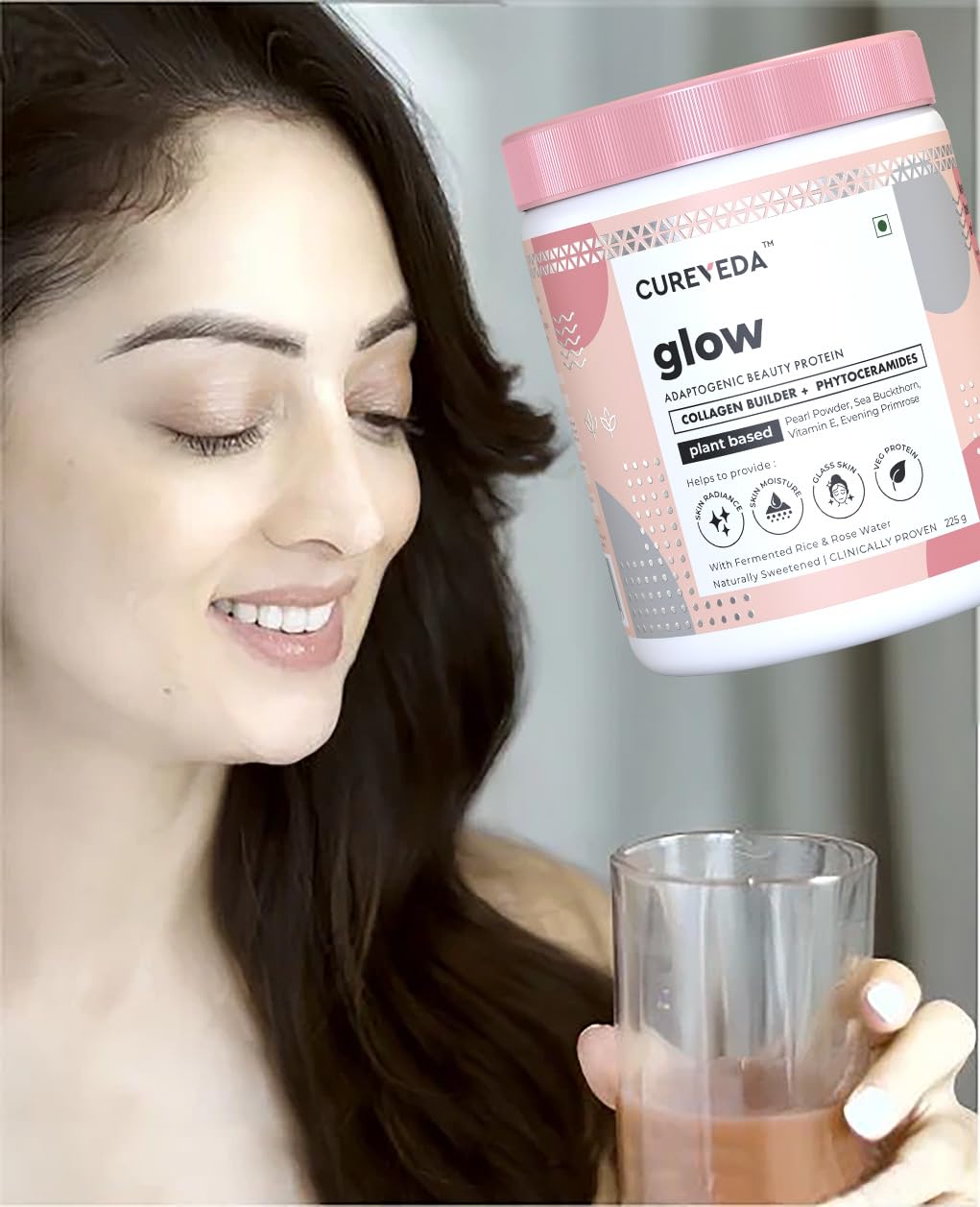 Cureveda Collagen Builder Glow Powder for Brighter & Youthful Skin, Plant-Based Supplement with Rose Water, Veg Beauty Protein, Evening Primrose 100IU, No Added Sugar, 225gm